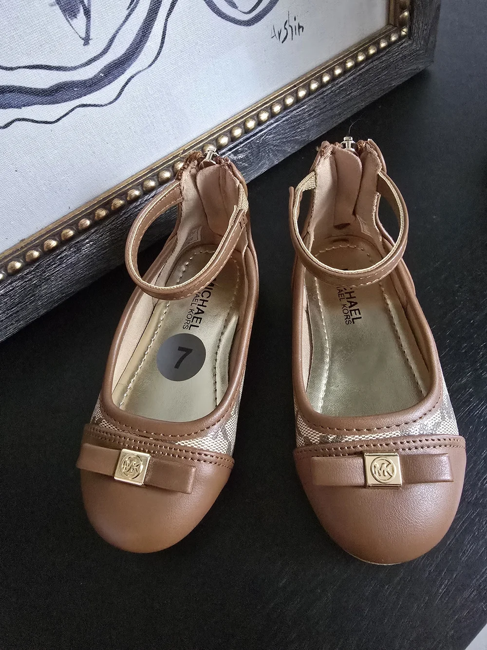 Michael Kors Girls Tan Brown Bow Ankle-Strap Flats